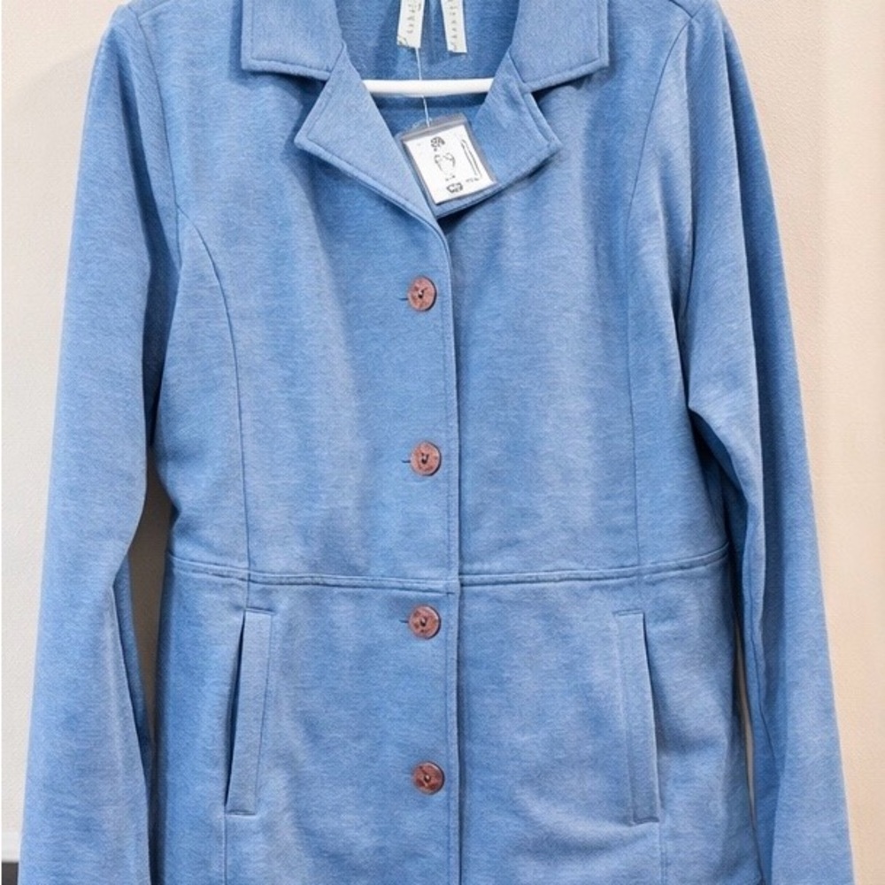 Sahalie Blue Knit Jacket Blazer Button Front Pockets Size Small
